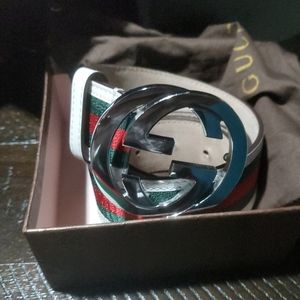 White green red striped. Gucci Belt with silver buckle and tan back